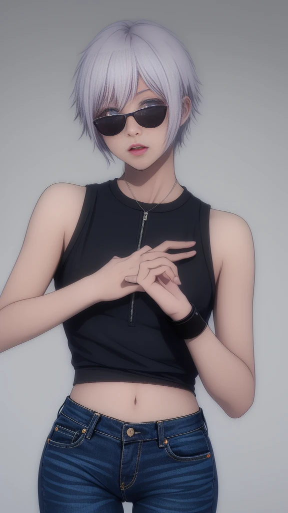 Gojo Satoru,

Feminization,
Silver Hair,
Beautiful body,Beautiful eyes,

((((Plain background)))),
(((ID photo))),

Black bulletproof vest,
Black Jeans Pants,
Grey T-shirt,
Magazine Holster,
Black sunglasses,

Delicate shades,
4K quality,
Five fingers,
Two...