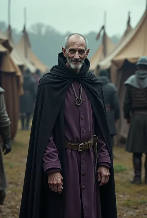 A man, beardless, very white skin, ugly, very skinny, sunken cheeks, strange smile, detailed black eyes, short hair with a bald spot, salt-and-pepper hair, purple medieval cloth traveling outfit and black cape, standing in a medieval military camp, slightl...