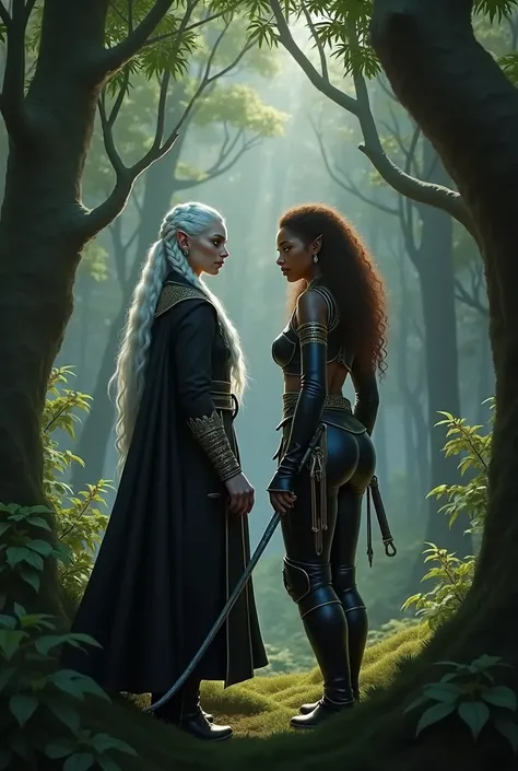 A white-skinned elf, long white braided hair, wearing a stylish black overcoat with gold trim, She has light blue eyes and is training stealth in a forest with her friend who is a female elf who has brown skin., curly hair, brown eyes, This other elf wears...