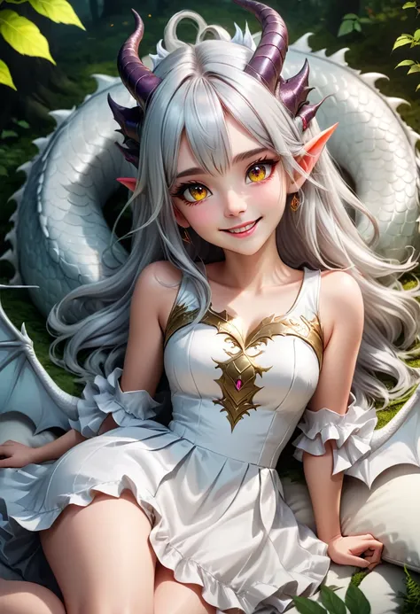 beautiful elegant dragon girl with long silver hair and horns lying on a soft pillow, camera looking up at his feet with an evil...