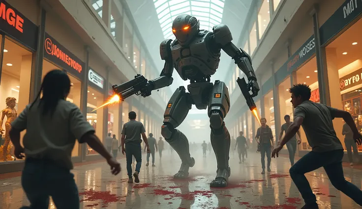 A cyborg has gone berserk in the shopping mall, it is shooting people, people are running scared, blood pools on the floor and injured people,