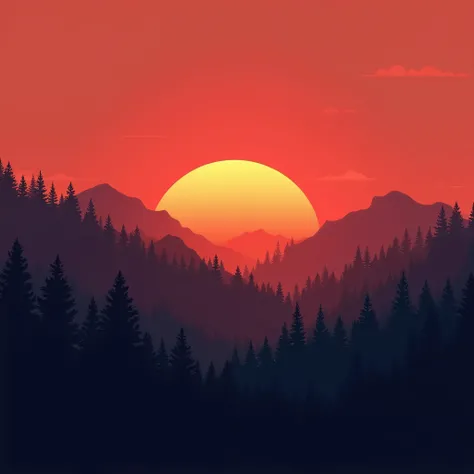 Sunset over the ridge of a coniferous mountain、The red sky