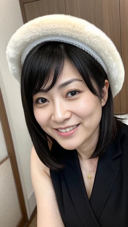 (Highest quality), Japanese　woman、The sexiest and most adorable women in their 40s　, 　Perfectly styled hairstyle, Smiling confidently at the camera, White skin,  Black Hair　、　Japanese women　、maternal、