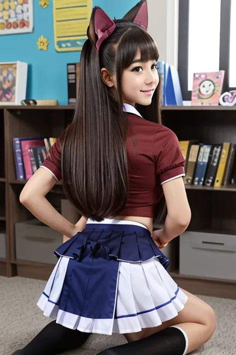 solo extremely gorgeous petite catgirl with pumped-up buttocks kneeling in sexy school uniform, (fluffy tail from under the skir...