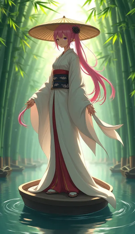 bamboo forest,On the river,A Japanese goddess pink,Single ponytail long hair with bangs,Straw mat hat,big.chest,Japanese style shrine maiden clothes,Standing on a wooden boat,