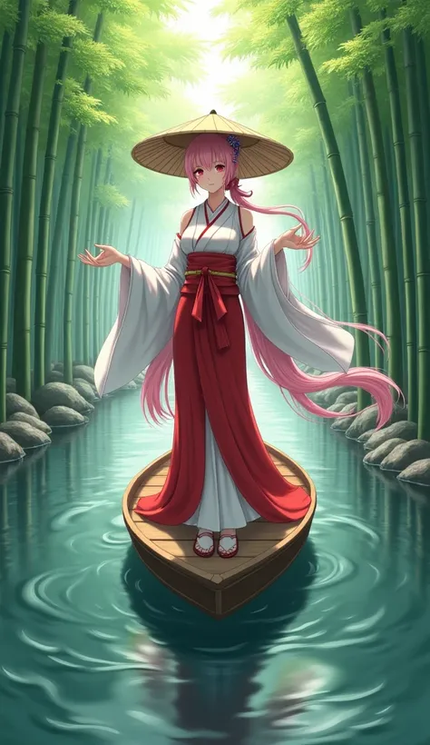 bamboo forest,On the river,A Japanese goddess pink,Single ponytail long hair with bangs,Straw mat hat,big.chest,Japanese style shrine maiden clothes,Standing on a wooden boat,