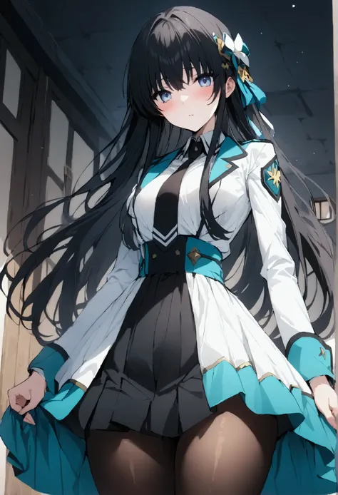 NSFW,masterpiece,Best Quality,High resolution,Very detailed,Shiba Miyuki(The Irregular at Magic High School),Long Hair、blue eyes、Black Hair、Hair accessories、ribbon、ヘアribbon、雪の結晶のHair accessories、bangs、鈍いbangs、Long sleeve、dress、uniform、pantyhose、tie、白いdress...