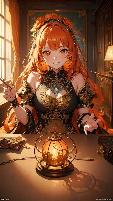 (masterpiece:1.4), (best quality:1.4), fantasy, extremely detailed, intricate, hyper detailed, illustration,soft lighting, 1girl, Orange hair_flower, dress, bend_over , grin, (perfect_face), sitting, desk, ornate, intricate, dramatic lighting, 4k, detailed...