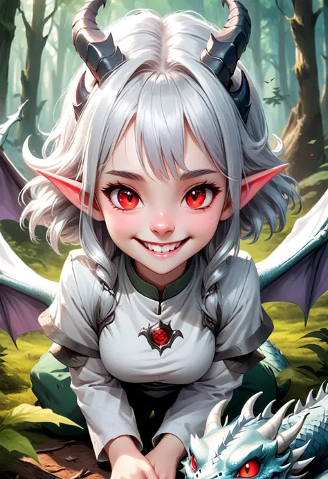 wearing white clothes,silver hair， the dragon girl with dragon horns on her head，her skin is normal white skin，lying facing the ...