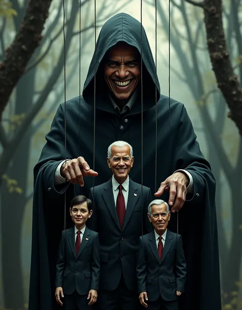 Poster about the State of Power In Politics Showing the negative side of Washington DC Swamp with former President Barack Obama with a evil look and treacherous grin wearing a dark black sinister hood and cloak, above controlling his Joe Biden and Kamala H...