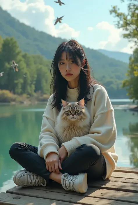 Near the lake with a beautiful view, sunny weather, chirping birds flying, a beautiful Korean woman with loose black hair sitting on a plank bridge wearing a cyberpunk sweater, pencil pants, snickers with her face focused on the camera while her hand strok...