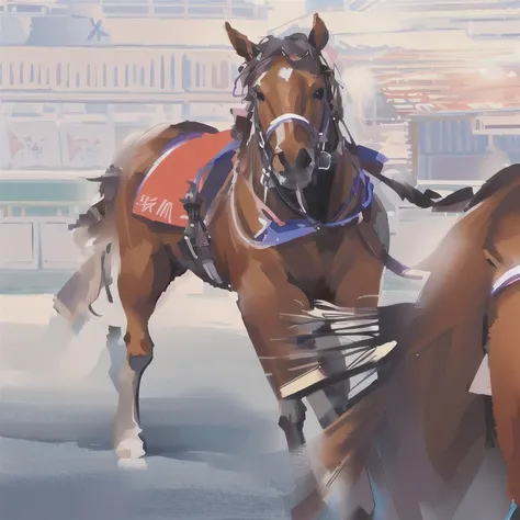 There is a horse in the background、A picture of a jockey and a horse at a racetrack, Horse racing concept art, Morning Details, Master Studies, Digital Paint, Alexander Mann, Pictorial illustration, Award Painting, by Unkoku Togan, Digital Paint, hiroya ok...