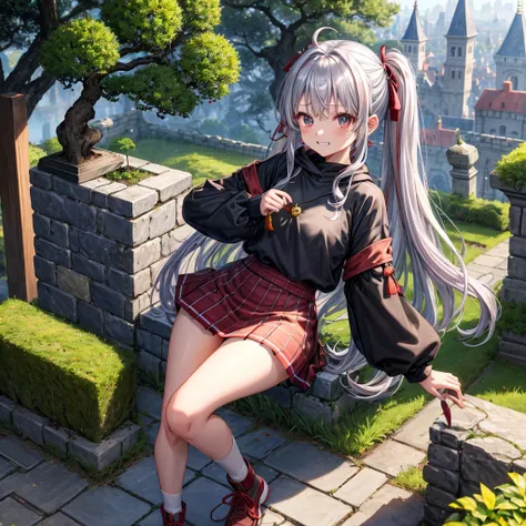 Rainbow red and silver hair、Rainbow Eyes、Wavy Hair、Hair tied up、Two cute、Checked mini skirt、Black T-shirt、Long sleeve、Wearing a hood、Black knee-high socks、Teeth are visible、Old Castle、Tilting face、lawn、In front of the city gates、The stone is cracked、Uneven...