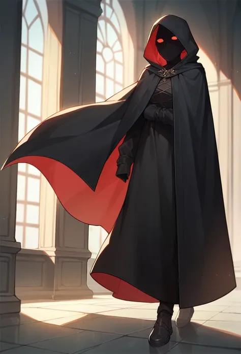 , 1girl, solo, black hair, red eyes, long cape sleeves, sleeves covered hands, no hands, dress, long cape, cape, black cloak, hood up, black robe, covered mouth, hooded cloak, masterpiece, best quality, rooms, walking 