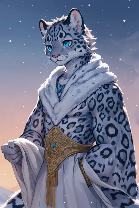 masterpiece ,Best quality ,Delicate face ,Delicate eyes ,Perfect Anatomy ,Super detailed ,Depth of Field ,Perfect lighting ,Light Particles ,Bright colors , Sharp line art ,Role List ,Reversing perspective ,Furry male snow leopard , Anthropomorphic snow le...