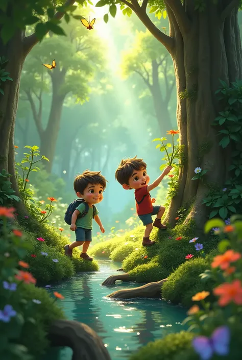 **Scene 2: The Forest Exploration**
- **Visuals:** Leo and Sam exploring lush green forests, climbing trees, and splashing in streams. 
- **Voiceover:** “Every day, they explore the enchanting woods, searching for new wonders and forging a bond like no oth...