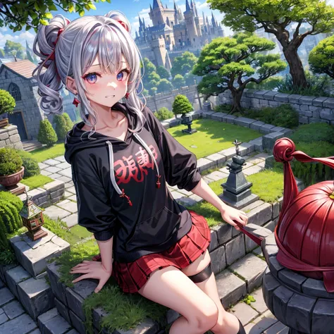 Rainbow red and silver hair、Rainbow Eyes、Wavy Hair、Hair tied up、Two cute、Checked mini skirt、Black T-shirt、Long sleeve、Wearing a hood、Black knee-high socks、Teeth are visible、Old Castle、Tilting face、lawn、In front of the city gates、The stone is cracked、Uneven...