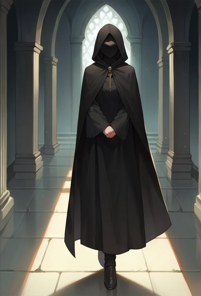 , 1girl, solo, long cape sleeves, sleeves covered hands, no hands, dress, long cape, cape, black cloak, hood up, black robe, mask covered face, hooded cloak, masterpiece, best quality, rooms, walking 