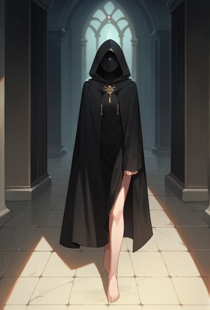 , 1girl, solo, long cape sleeves, sleeves covered hands, no hands, dress, long cape, cape, black cloak, hood up, black robe, mask covered face, hooded cloak, masterpiece, best quality, rooms, walking 