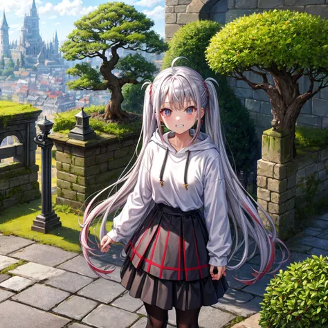 Rainbow red and silver hair、Rainbow Eyes、Wavy Hair、Hair tied up、Two cute、Checked mini skirt、Black T-shirt、Long sleeve、Wearing a hood、Black knee-high socks、Teeth are visible、Old Castle、Tilting face、lawn、In front of the city gates、The stone is cracked、Uneven...