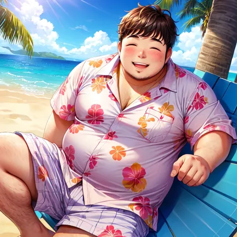 Chubby guy, smooth skin, beachside, blushing, laughing, hawaiian shirt 