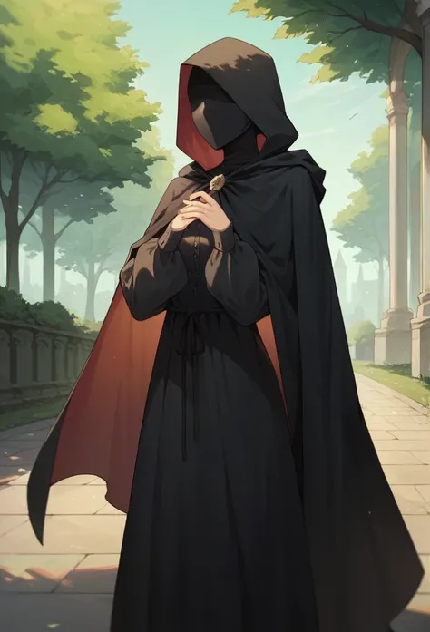 , 1girl, solo, long cape sleeves, sleeves covered hands, no hands, dress, long cape, cape, black cloak, hood up, black robe, mask covered face, hooded cloak, masterpiece, best quality,park , standing 