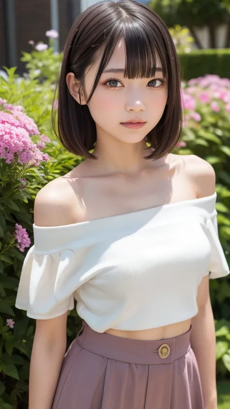 sfw, 1girl, Anatomically correct, natural lighting, masterpiece, highly detailed, absurdres, high quality, (aichan:1.5), beautiful green detailed big eyes, short brown hair, bangs, glossy lips, no makeup, garden, 
BREAK,
((pink Off-shoulder top)), 

BREAK,...