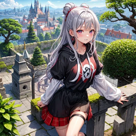 Rainbow red and silver hair、Rainbow Eyes、Wavy Hair、Hair tied up、Two cute、Checked mini skirt、Black T-shirt、Long sleeve、Wearing a hood、Black knee-high socks、Teeth are visible、Old Castle、Tilting face、lawn、In front of the city gates、The stone is cracked、Uneven...