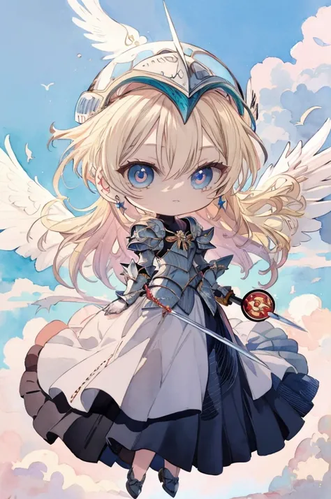 ((Best Quality)), ((masterpiece)), (detailed),watercolor,Angel with Bird of Prey Wings, (Chibi:1.7),Silver Armor,sacred,Helmet with wings,(Blonde long hair),blue eyes,Beautiful Face,Slim and toned body.,Brave,Long Greaves,sheer long skirt,Holding a long sw...