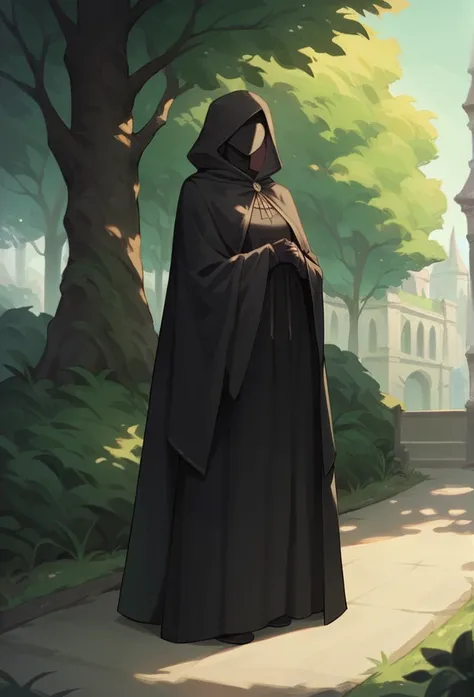 , 1girl, solo, long cape sleeves, sleeves covered hands, no hands, dress, cape covered body , cape, black cloak, hood up, black robe, mask covered face, hooded cloak, masterpiece, best quality,park , standing 