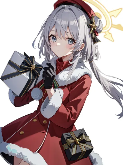 halo, breastplate, beret, christmas, silver hair, box, , 赤いcoat, coat, bow, white background, hair bun, gloves, gray eyes, alone...