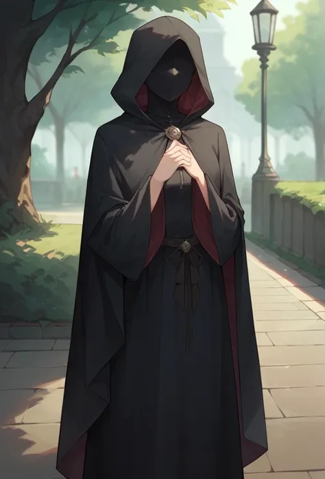 , 1girl, solo, long cape sleeves, sleeves covered hands, no hands, dress, cape covered body , cape, black cloak, hood up, black robe, mask covered face, hooded cloak, masterpiece, best quality,park , standing 