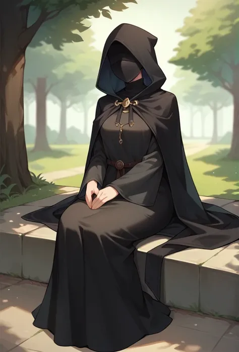 , 1girl, solo, long cape sleeves, sleeves covered hands, no hands, dress, cape covered body , cape, black cloak, hood up, black robe, mask covered face, hooded cloak, masterpiece, best quality, park, sitting 