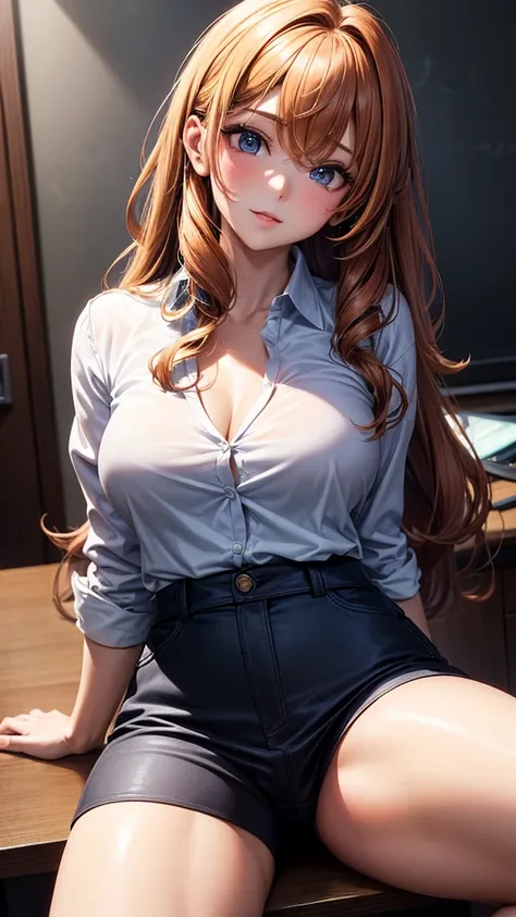 (masterpiece, best quality:1.2), upper body, solo, 1girl, sheryl Unparalleled beauty, shiny shiny firm and shiny skin, bangs between eyes, shiny straight beautiful dark orange curly hair, super curly silky hair, eyeliner, sexy beautiful innocent , high def...