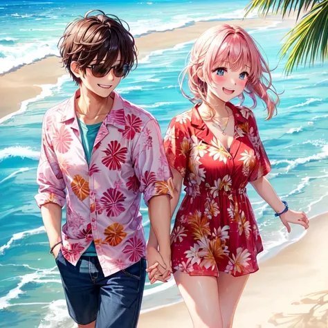 1 guy and 1 girl, smooth skin, beachside, blushing, laughing, hawaiian shirt, smiling, holding hands