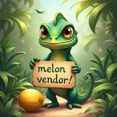 (Best quality,absurdres,masterpiece:1.4), adorable illustration of a Chameleon holding a sign "Melon Vendor"