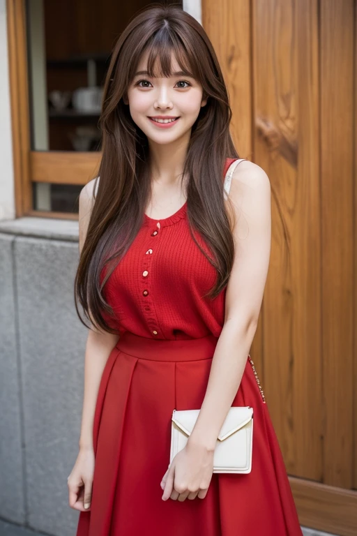 High resolution, Long Hair, chest, bangs, Brown Hair, smile, Cute Red Skirt、Fashionable clothes、