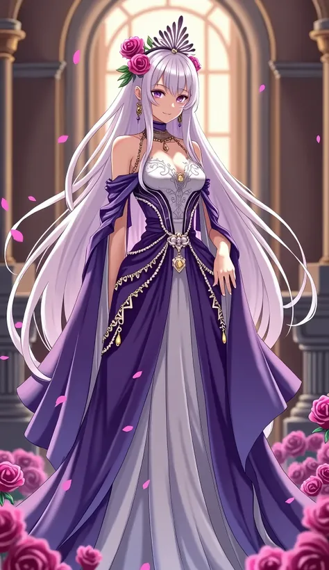 A romantic empress famous for winning several romance events,dressed in long purple and white clothes in anime style