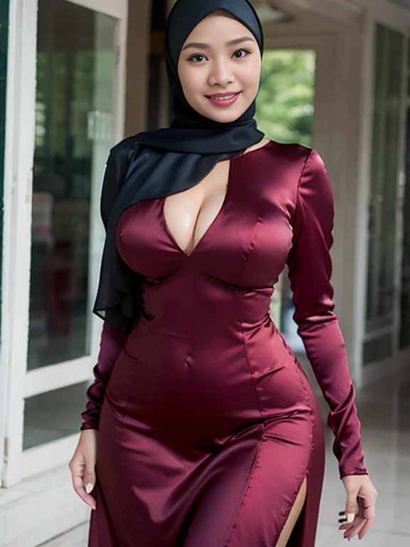 3, Hijab Indonesian mature woman, hardware store, Slim body, tight long sleeve dress, Breast about To burst out, blur background, bokeh, smiling, elegant, detailed skin, ((long satin dress))