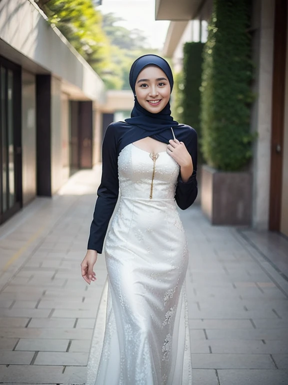 3, Hijab Indonesian mature woman, school corridor, Slim body, tight long sleeve dress, Breast about To burst out, blur background, bokeh, smiling, elegant, detailed skin, ((long dress))