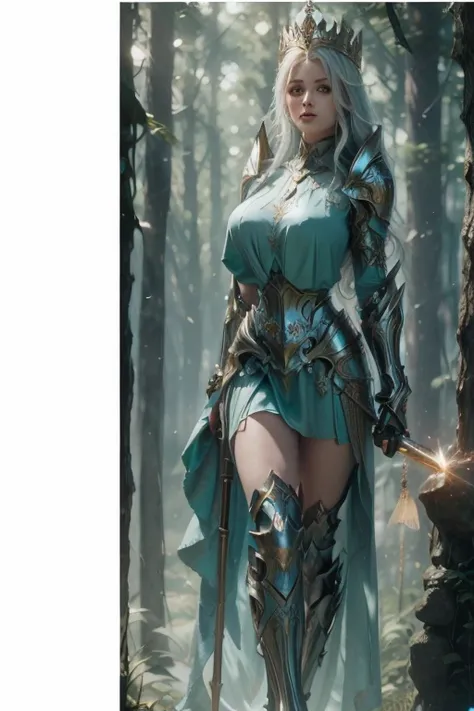 In a pleasant forest, women full body, legs thick, hips. wearing a blue suit of paladin powers, futurist. Armadura templária com detaileds de ouro fino, A goddess with long white hair, ultra detailed eyes, gold Crown, holding a staff with large glowing cry...