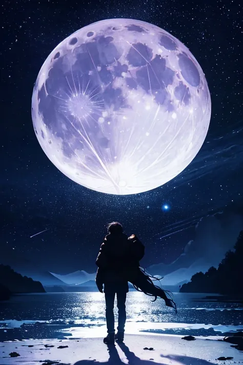 Best Quality,Big moon and shadow,A silhouette of a person can be seen against the backdrop of a large moon.,There is one full moon,There is a mood,Beautiful scenery,Starry Sky