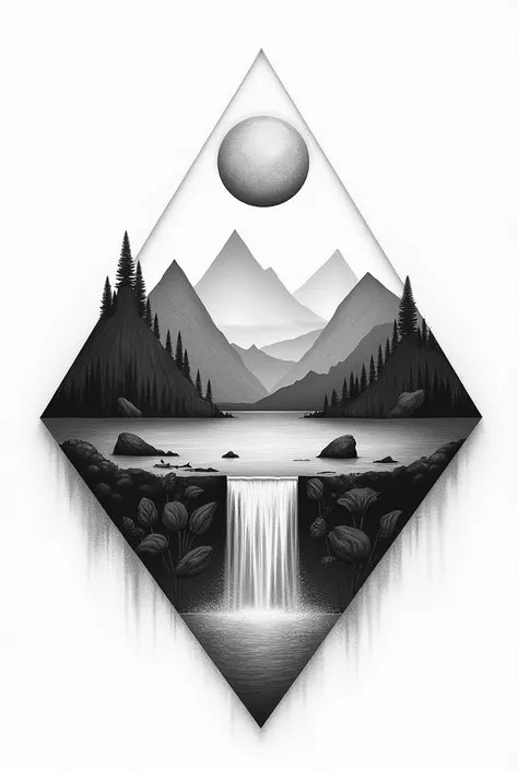 The image is a black and white drawing of a geometric design that includes a sun, moon, mountains, waves, and a waterfall. The elements are arranged in a triangular pattern.
The image may be called something like "Geometric Nature," "Elements of Nature," o...