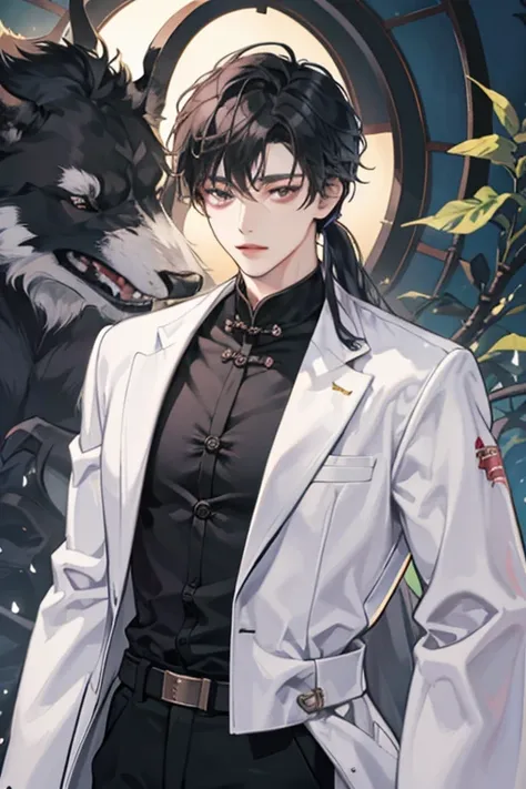 A muscular Chinese handsome man with waist-length hair，About 1，Eye color is 66A9C9，Wear a white coat，Black fitted top，Black trousers，Looks young，Prominent Adam&#39;s apple，whole body，Directly opposite，Protruding crotch