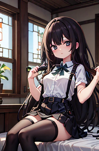 ​masterpiece、flat-colors、depth of fields、lens flare 1 girl、、Brown hair、watching at viewers　　　black suspenders　　　big breasts　　　 　 　　　walls: 　Black miniskirt　garters　　　　　　Gaze　　　Small face　bangss 　　　holster　　Belt Armament　Beautuful Women　srestrained　hands up...