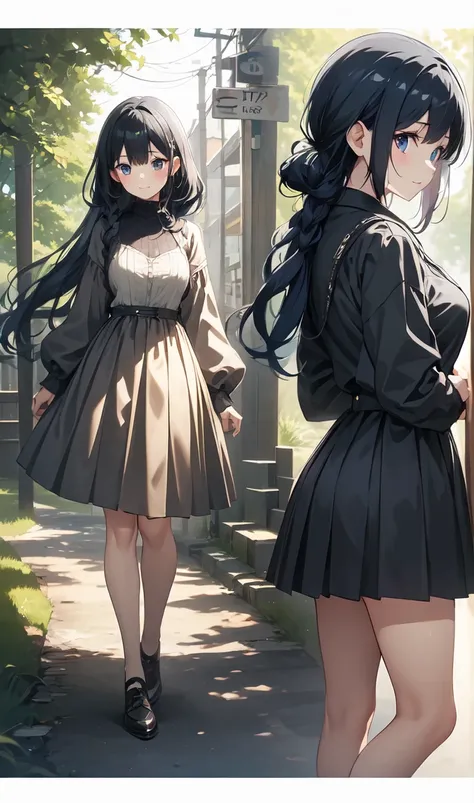 Long Hair、Jet black hair、Cut the sheet、squint、Three Views, Front and Back and Side,Three Views, Front, Back and Side、Shiny Hair、Pleated skirt、Neat dress、squint、smoking、I looked back、Glasses、Best Quality, Realistic, Super delicate illustration, Beautiful an...