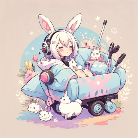 wonderful, Full Body Shot, Vibrant colors, Anime white hair girl with sci-fi headphones,Wearing rabbit ears, Cyberpunk Outfit, AR Vision, Close your eyes and relax , Cute art style, Anime Style 4k, Cute stuffed rabbit