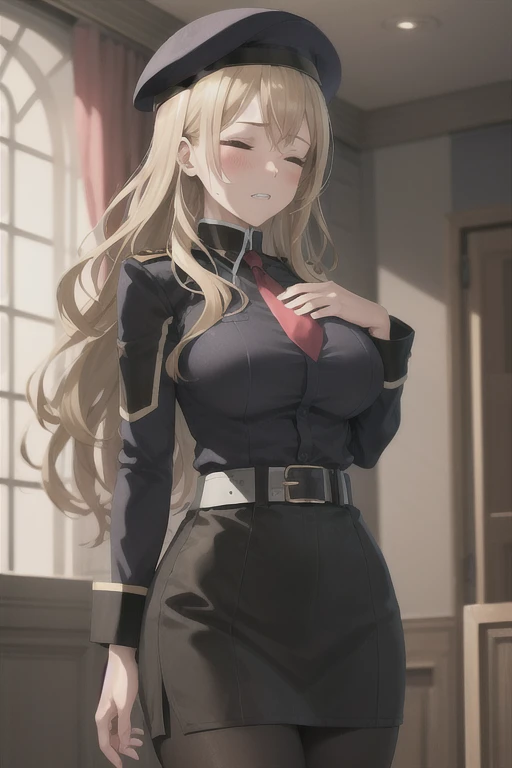 best quality, (masterpiece:1.2), illustration, absurdres, close-up, view from below,
(1girl, solo), (beautiful detailed girl), 
Mireille, blond hair, long hair, closed eyes, big breasts,
military uniform, black beret, black shirt, black skirt, leggings, re...