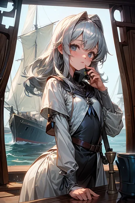 Girl looking through a telescope、Shaggy silver hair、Small breasts、On the deck of a ship、middle ages、sailboat、