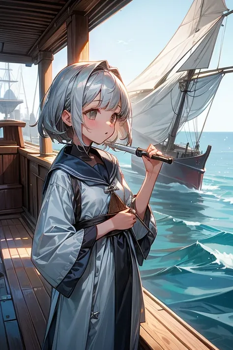 Girl watching the sea with a telescope、Short, shaggy silver hair、Small breasts、On the deck of a ship、middle ages、sailboat、